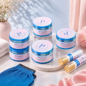 Blue Indigo Moroccan skincare collection arranged in a luxury flat lay composition