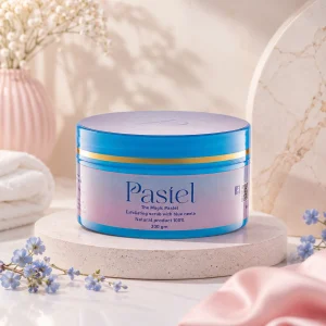 Blue Neela cream scrub product jar by Pastel Naturals isolated on a clean soft background