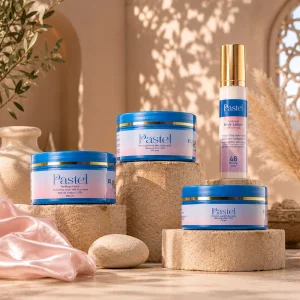 Pastel Naturals Blue Neela skincare products in a luxury Moroccan-inspired spa setting