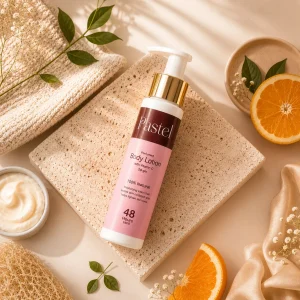 Vitamin C body lotion bottles arranged in a luxury skincare flat lay with beauty accessories and soft natural lighting