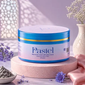 Pastel Moroccan Mud with Blue Neela luxury skincare jar isolated in a premium pastel background setup