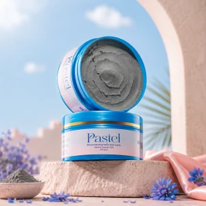 Pastel Moroccan Mud with Blue Neela displayed in a luxury pastel skincare scene with Moroccan-inspired styling