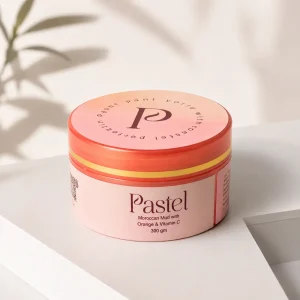 Premium minimalist beauty scene with Pastel Moroccan Mud with Orange & Vitamin C skincare jar