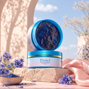 Moroccan Soap with Blue Neela by Pastel Naturals in a luxury pastel skincare setup