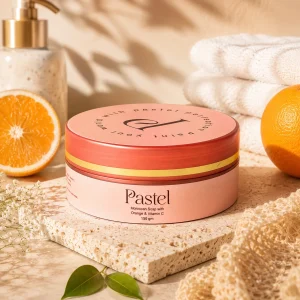 Moroccan Soap with Orange and Vitamin C placed beside fresh oranges and soft towels in a luxury skincare scene