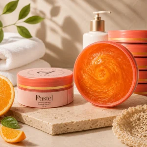 Moroccan Soap with Orange and Vitamin C placed beside fresh oranges and soft towels in a luxury skincare scene