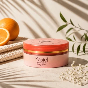 Minimal skincare product image of Moroccan Soap with Orange and Vitamin C with artistic sunlight shadows