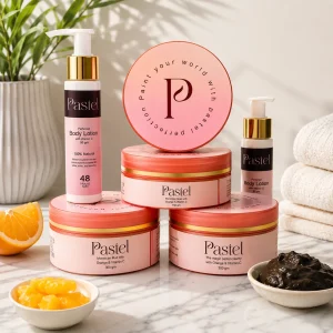 Orange & Vitamin C skincare collection arranged with pastel beauty products under soft natural lighting.