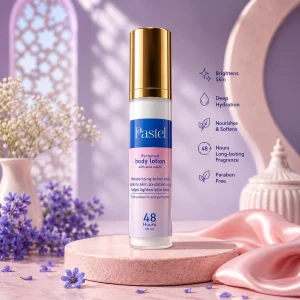 Pastel Blue Neela body lotion with skincare benefit visual elements