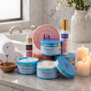 Pastel skincare collection displayed in a Moroccan spa inspired setting with luxury skincare products and wellness decor